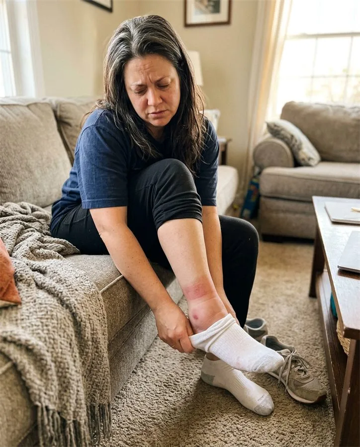 Nora peeling off a sock at the end of the day, with the ring pressed into her ankle